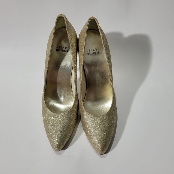 Stuart Weitzman Sabia Gold Glitter Metallic stiletto High Heels Pump Sz 7.5M - Picture 2 of 16